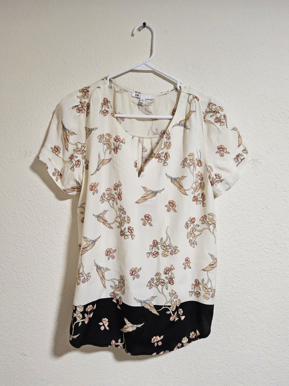 DR2 Cream Blouse with Black Floral Bird Border
